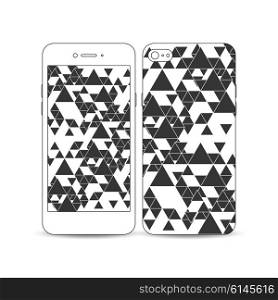 Mobile smartphone with an example of the screen and cover design. Triangular vector pattern. Abstract black triangles on white background. White mobile smartphone with an example of the screen and cover design isolated on white background. Triangular vector pattern. Abstract black triangles on white background.