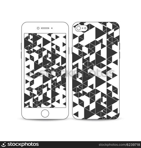 Mobile smartphone with an example of the screen and cover design. Triangular vector pattern. Abstract black triangles on white background. White mobile smartphone with an example of the screen and cover design isolated on white background. Triangular vector pattern. Abstract black triangles on white background.
