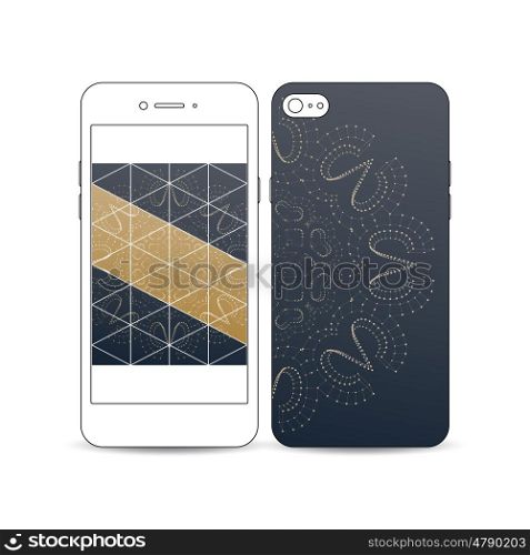 Mobile smartphone with an example of the screen, cover design isolated on white background. Abstract polygonal backdrop, connecting dots and lines, connection structure. Digital or science vector. Mobile smartphone with an example of the screen and cover design isolated on white background. Polygonal backdrop with connecting dots and lines, golden connection structure, white background