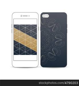 Mobile smartphone with an example of the screen, cover design isolated on white background. Abstract polygonal backdrop, connecting dots and lines, connection structure. Digital or science vector. Mobile smartphone with an example of the screen and cover design isolated on white background. Polygonal backdrop with connecting dots and lines, golden connection structure, white background