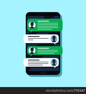 Mobile sms notifications. Hand texting message on smartphone, people chatting. Conversion messaging text, talking chat or sms mailing bubble. Conversation flat vector illustration. Mobile sms notifications. Hand texting message on smartphone, people chatting. Conversion flat vector illustration