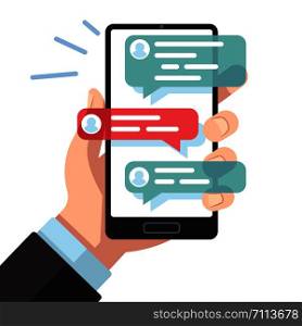 Mobile sms notifications. Hand with smartphone with online texting messages. Dialogue interfaces, chatting application vector conversation person phone symbols digital concept. Mobile sms notifications. Hand with smartphone with online texting messages. Dialogue interfaces, chatting application vector concept