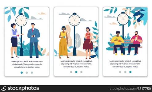 Mobile Social Media Pages Set with Resting Office People Together. Friends Meeting, Partners Informal Communication. Coffee Break or Lunch Time at Work. Vector Cartoon Flat Illustration. Mobile Social Media Pages Set with Resting People