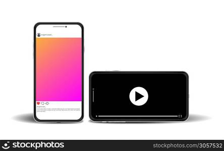 Mobile social media vector illustration concept, photo and video app smartphone mock up template isolated on white background with shadow
