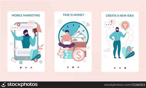 Mobile Social Stories Set for Business Application. Mobile Marketing, Tome is Money, Create New Idea Ad Lettering. Onboarding Screens User Interface Kit. Vector Modern User Interface Flat Illustration. Mobile Social Stories Set for Business Application