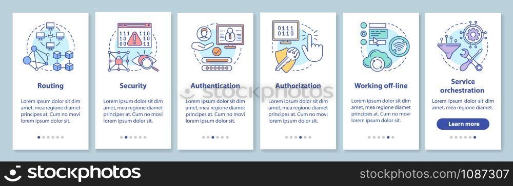 Mobile software development onboarding mobile app page screen with linear concepts. Service orchestration walkthrough steps graphic instructions. UX, UI, GUI vector template with illustrations