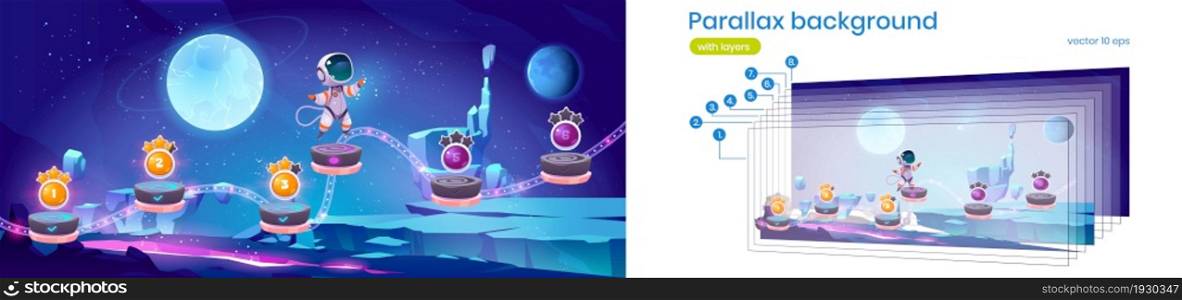Mobile space arcade game parallax background with astronaut jump on platforms with bonus and asset items. 2d cartoon gui futuristic adventure with cosmonaut separated layers scene, Vector illustration. Mobile space arcade game parallax with astronaut