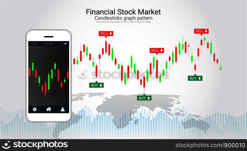 Mobile stock trading concept with candlestick and financial graph charts