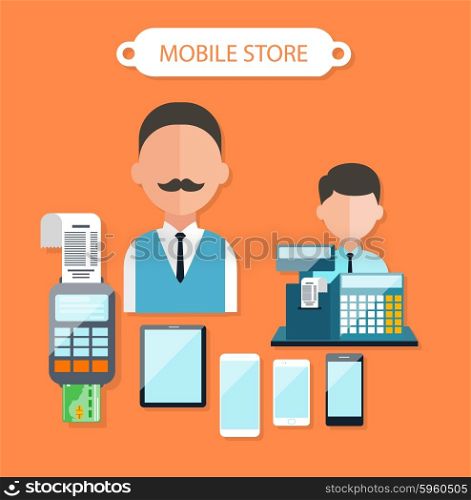 Mobile store concept flat design. Electronic shop, retail and dealer, smarphone and tablet, cash register, business technology, sale and marketing service illustration
