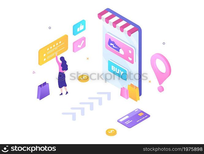 Mobile Store or Shopping Online in Application Vector Illustration. Digital Marketing Promotion, Payment and Purchase Via Credit Card for Poster