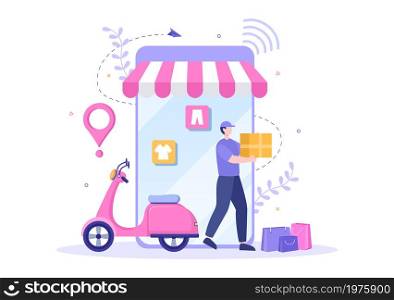 Mobile Store or Shopping Online in Application Vector Illustration. Digital Marketing Promotion, Payment and Purchase Via Credit Card for Poster