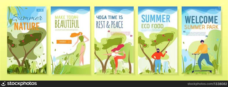 Mobile Stories Summer Set with Cartoon People Characters. Outdoors Recreation and Active Vacation Summertime for Man and Woman. Sport and Yoga, Eco Food and Walk in Park. Vector Flat Illustration. Mobile Stories Summer Set with Cartoon Characters