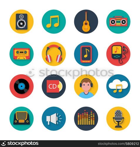 Mobile tablet music navigation symbols collection with player and headphones flat round icons abstract isolated vector illustration. Music icons set mobile round solid