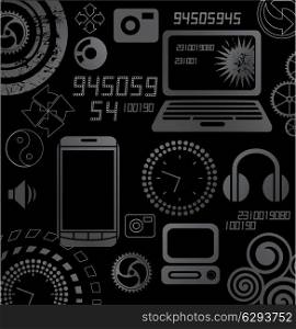 Mobile telephone, numbers and symbols on a black background