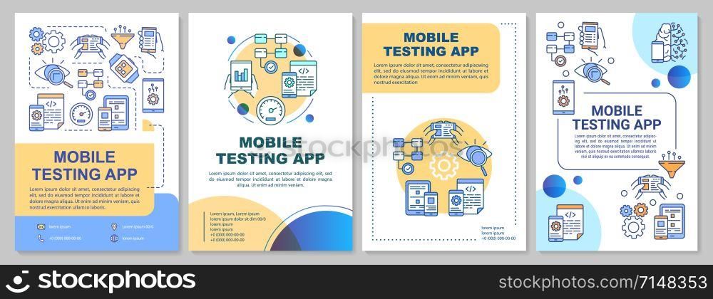 Mobile testing app brochure template. Program analysis. Flyer, booklet, leaflet print, cover design with linear illustrations. Vector page layouts for magazines, annual reports, advertising posters