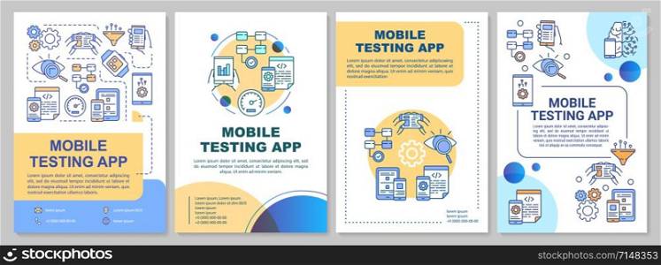 Mobile testing app brochure template. Program analysis. Flyer, booklet, leaflet print, cover design with linear illustrations. Vector page layouts for magazines, annual reports, advertising posters