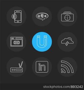 mobile , tine , breifcase , magnet , cloud , upload , radio , linkedin , wifi eps icons set vector icon, vector, design, flat, collection, style, creative, icons