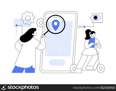 Mobile tracking soft abstract concept vector illustration. Monitoring software, navigation mobile app, gps tracking application, anti-theft soft, kids parental control, spy tool abstract metaphor.. Mobile tracking soft abstract concept vector illustration.