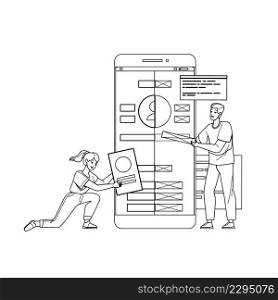 Mobile Ui And Ux Design Designer Business Black Line Pencil Drawing Vector. Man And Woman Professional Occupation In Phone Ui And Ux Design. Characters Boy Girl Creator Technology Work Illustration. Mobile Ui And Ux Design Designer Business Vector
