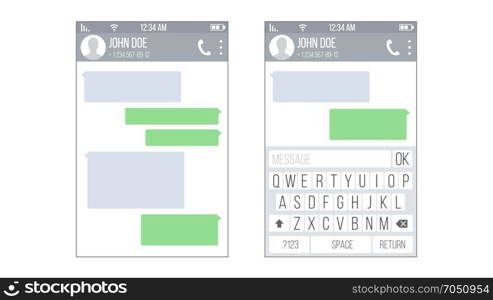 Mobile UI Kit Messenger Vector. Chat App Design Template. Modern Mobile Keyboard Isolated Illustration. Chat, Sms Application Vector Template. Message Boxes. Modern Mobile Keyboard Isolated Illustration