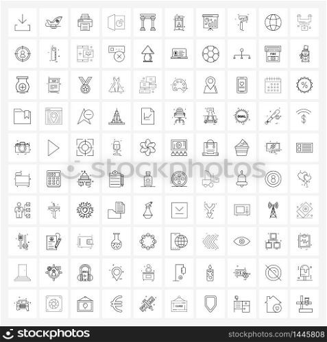 Mobile UI Line Icon Set of 100 Modern Pictograms of tower, office, printer, marketing, chart Vector Illustration
