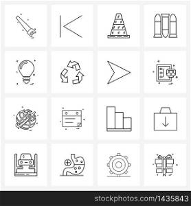 Mobile UI Line Icon Set of 16 Modern Pictograms of ecology, idea, traffic cone, bulb, ammunition Vector Illustration
