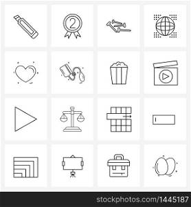Mobile UI Line Icon Set of 16 Modern Pictograms of hearts, travel, two, online, glob Vector Illustration