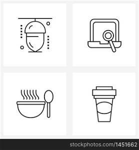 Mobile UI Line Icon Set of 4 Modern Pictograms of acorn, spoon, internet, research, food Vector Illustration