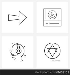 Mobile UI Line Icon Set of 4 Modern Pictograms of arrow, Jewish, video, headphone, Halloween Vector Illustration