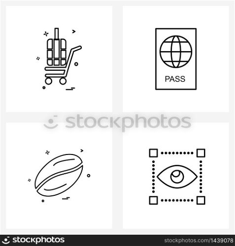 Mobile UI Line Icon Set of 4 Modern Pictograms of cart, beans, passport, passport book, design Vector Illustration