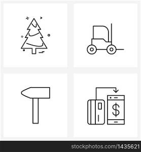 Mobile UI Line Icon Set of 4 Modern Pictograms of Christmas tree, hammer, forklift, vehicle, tool Vector Illustration