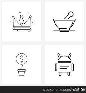 Mobile UI Line Icon Set of 4 Modern Pictograms of crown; lamp; king; food; work Vector Illustration