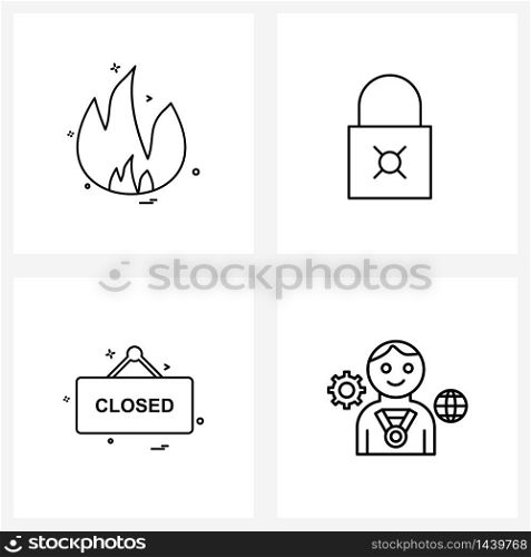 Mobile UI Line Icon Set of 4 Modern Pictograms of fire, closed board, lock, closed, avatar Vector Illustration