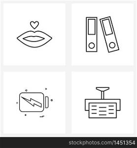 Mobile UI Line Icon Set of 4 Modern Pictograms of kiss, mobile , valentine, document, battery Vector Illustration