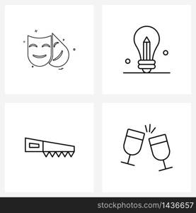 Mobile UI Line Icon Set of 4 Modern Pictograms of masks; machine; creative idea; build; glass Vector Illustration