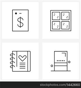 Mobile UI Line Icon Set of 4 Modern Pictograms of mobile, heart, window, dairy, clean Vector Illustration