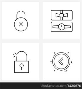 Mobile UI Line Icon Set of 4 Modern Pictograms of open, padlock, cross, time, security Vector Illustration