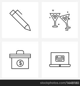Mobile UI Line Icon Set of 4 Modern Pictograms of pen, money, food, drink, online banking Vector Illustration