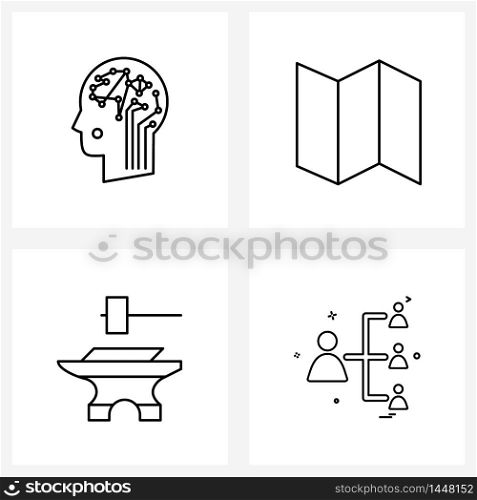 Mobile UI Line Icon Set of 4 Modern Pictograms of robot, hierarchy, map location, blacksmithing, networking Vector Illustration
