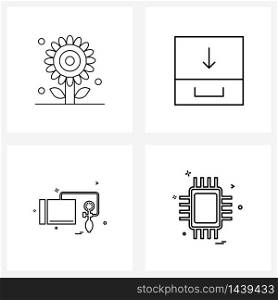 Mobile UI Line Icon Set of 4 Modern Pictograms of sunflower, medical design, archive, arrow down, chip Vector Illustration
