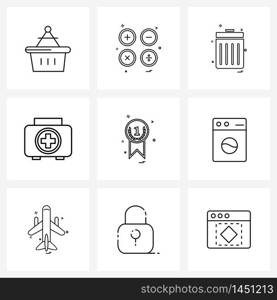 Mobile UI Line Icon Set of 9 Modern Pictograms of badge, medal, trash, hospital, bag Vector Illustration