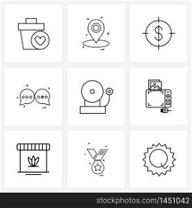 Mobile UI Line Icon Set of 9 Modern Pictograms of bell, chat, aim, chat, money Vector Illustration
