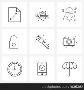 Mobile UI Line Icon Set of 9 Modern Pictograms of camera, torch, recorder, lightning, flashlight Vector Illustration