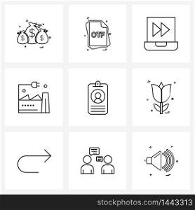 Mobile UI Line Icon Set of 9 Modern Pictograms of card, energy, of, electric, media Vector Illustration