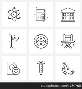 Mobile UI Line Icon Set of 9 Modern Pictograms of chair, hobby, headquarter, healthy, activities Vector Illustration