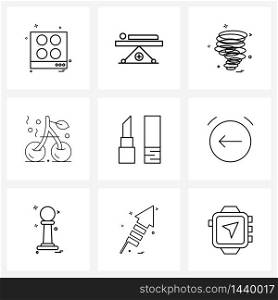 Mobile UI Line Icon Set of 9 Modern Pictograms of clock, lipstick, twister, lady, fruit Vector Illustration