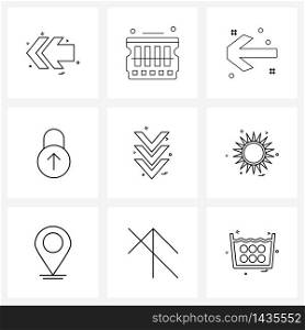 Mobile UI Line Icon Set of 9 Modern Pictograms of direction, up, ram, security, lock Vector Illustration