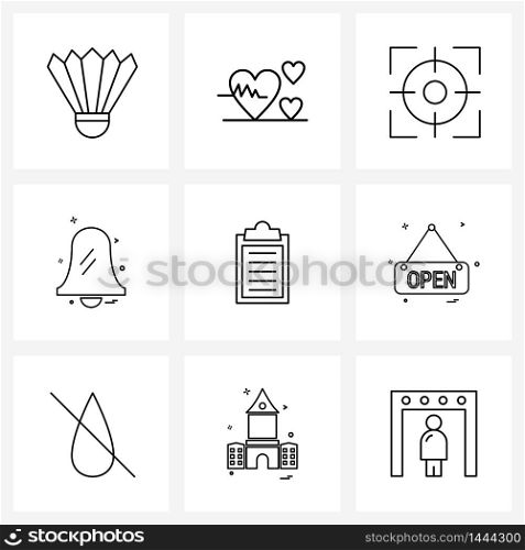 Mobile UI Line Icon Set of 9 Modern Pictograms of document, bells, aim, ringing, bell Vector Illustration