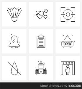 Mobile UI Line Icon Set of 9 Modern Pictograms of document, bells, aim, ringing, bell Vector Illustration