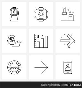 Mobile UI Line Icon Set of 9 Modern Pictograms of dollar, head, lipstick, nuclear, avatar Vector Illustration
